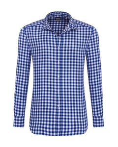 Camicia trendy blu a quadri bianchi, slim francese_0