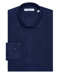 Camicia fancy in lino blu scuro, slim francese_0