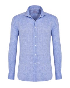 Camicia trendy in lino blu, slim francese_0