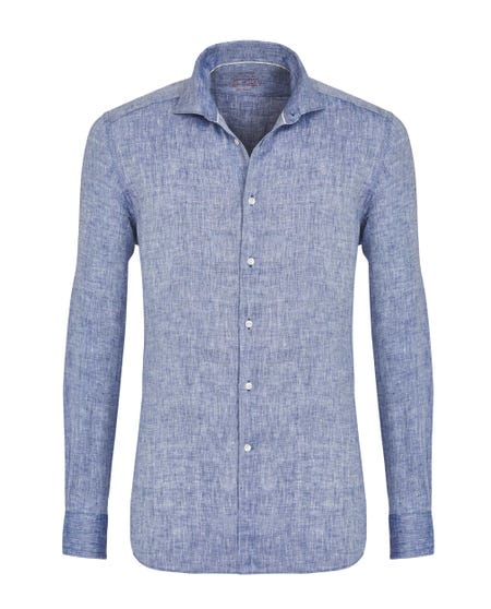 Camicia trendy in lino blu scuro, slim francese_0