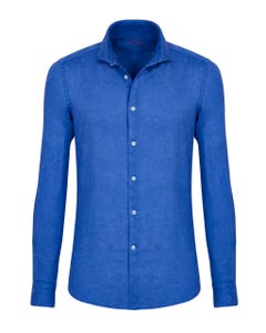 Trendy blaues, garngefärbtes leinenhemd, komfortable slim fit-passform_0
